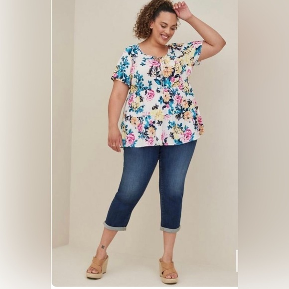 Torrid 1 Short sleeve Floral Color boho pop stretch tunic blouse 1X - Picture 3 of 9
